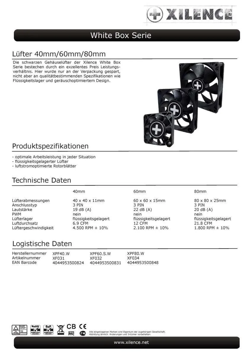 PC- Gehäuselüfter XILENCE case fan 60 mm Slim Line, White Box, XPF60S.W